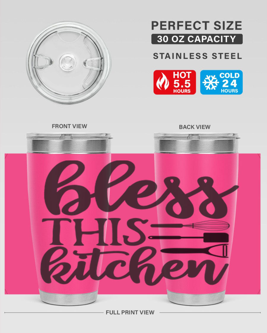 Bless This Kitchen 20oz Tumbler made of stainless steel with a stylish design, perfect for hot and cold beverages.