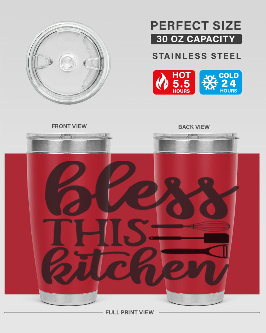 Bless This Kitchen 20oz Tumbler made of stainless steel with a stylish design, perfect for hot and cold beverages.