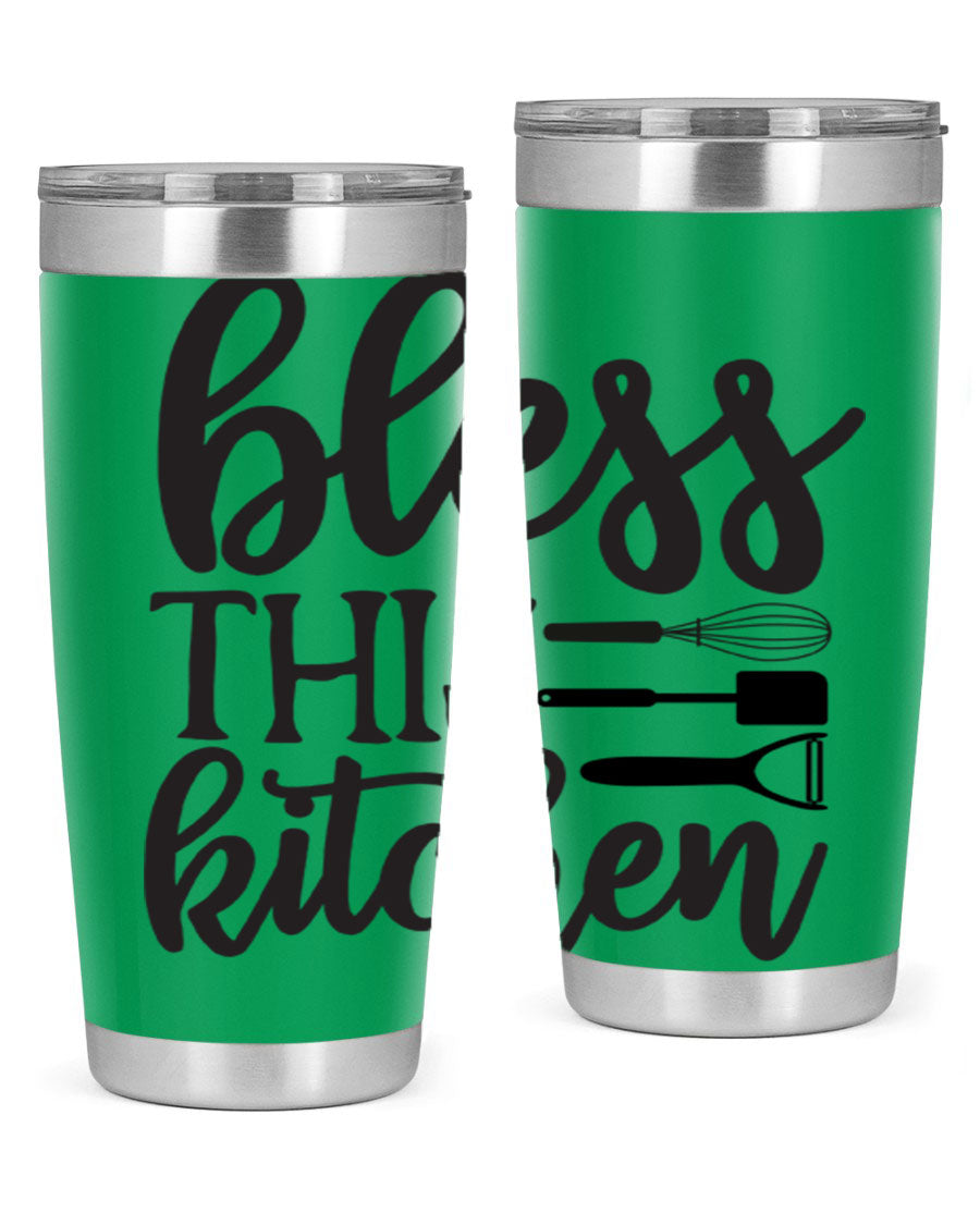 Bless This Kitchen 20oz Tumbler made of stainless steel with a stylish design, perfect for hot and cold beverages.