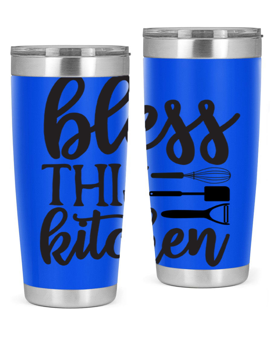 Bless This Kitchen 20oz Tumbler made of stainless steel with a stylish design, perfect for hot and cold beverages.