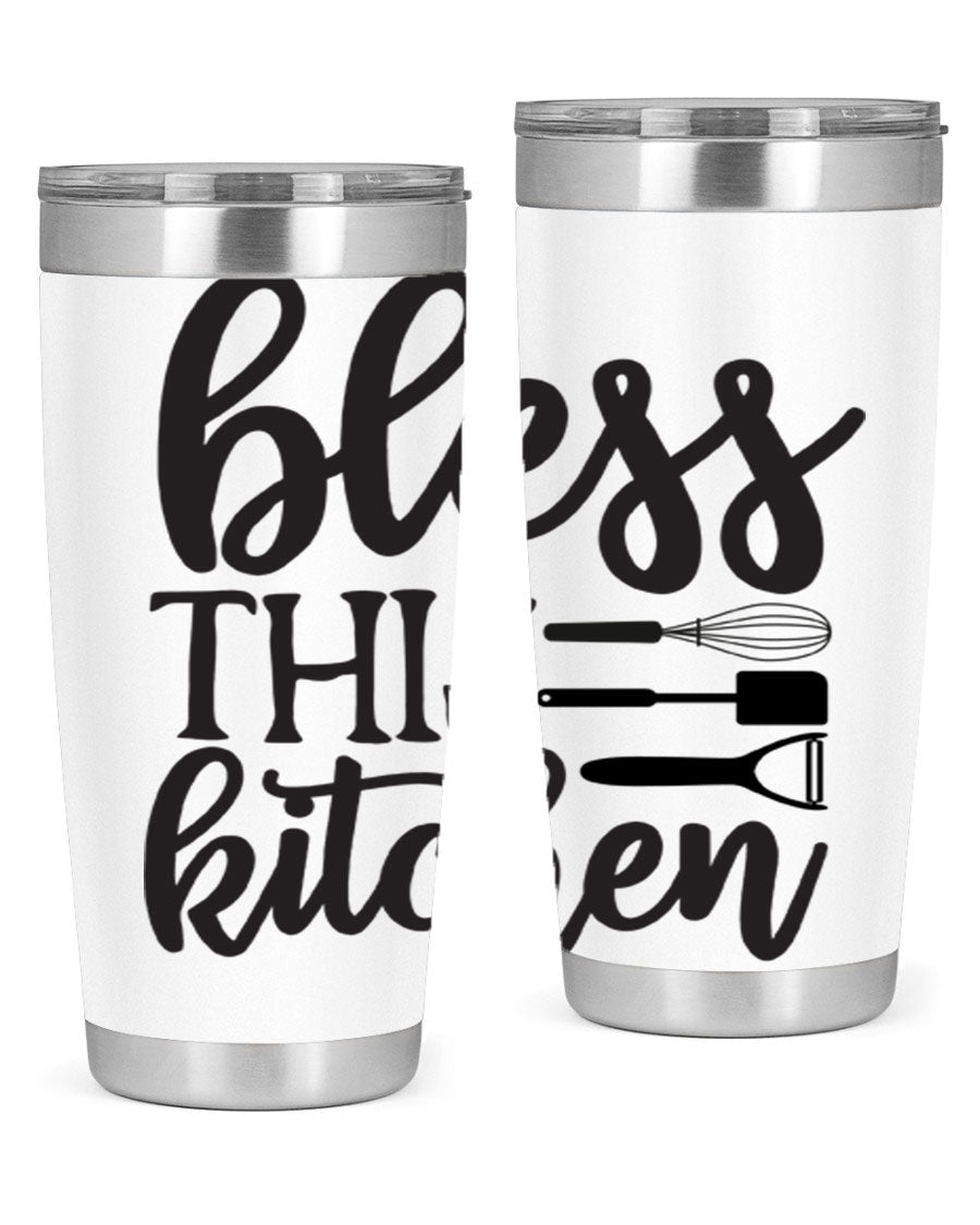 Bless This Kitchen 20oz Tumbler made of stainless steel with a stylish design, perfect for hot and cold beverages.