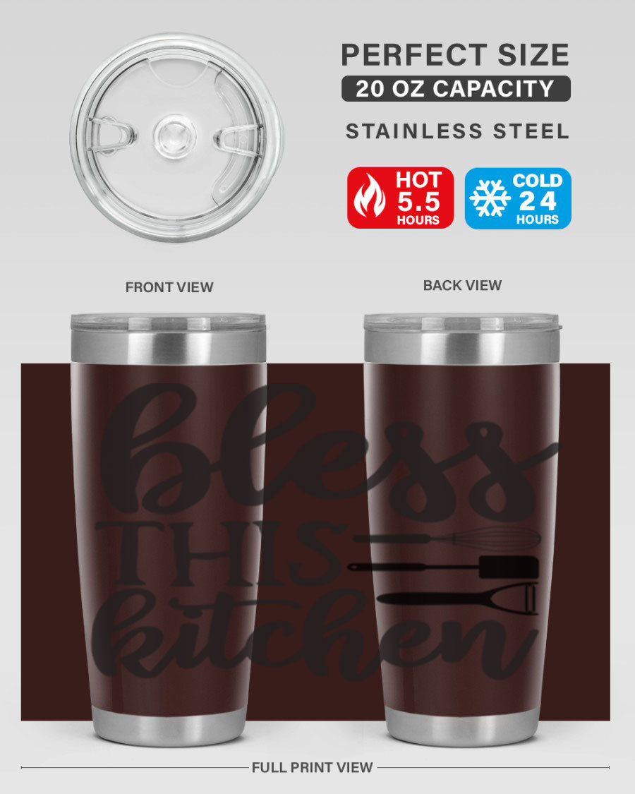 Bless This Kitchen 20oz Tumbler made of stainless steel with a stylish design, perfect for hot and cold beverages.