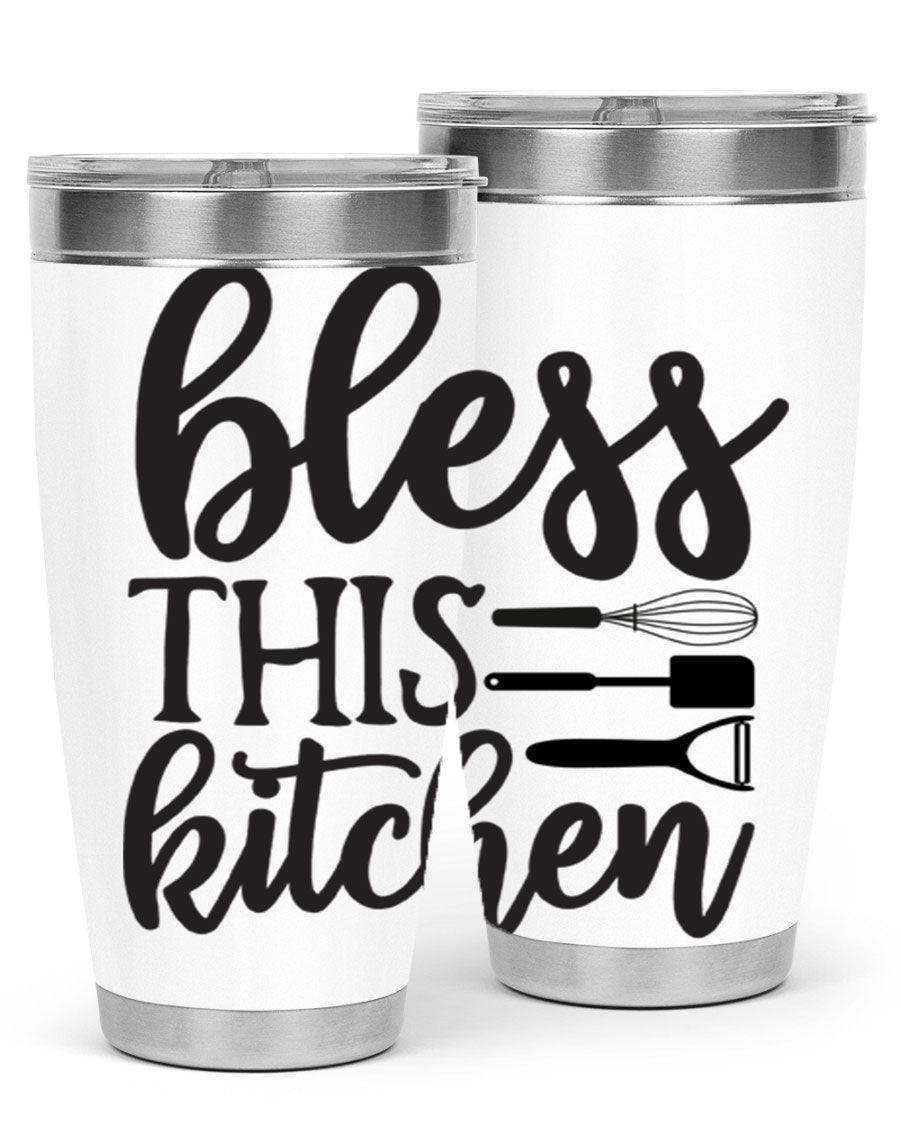 Bless This Kitchen 20oz Tumbler made of stainless steel with a stylish design, perfect for hot and cold beverages.