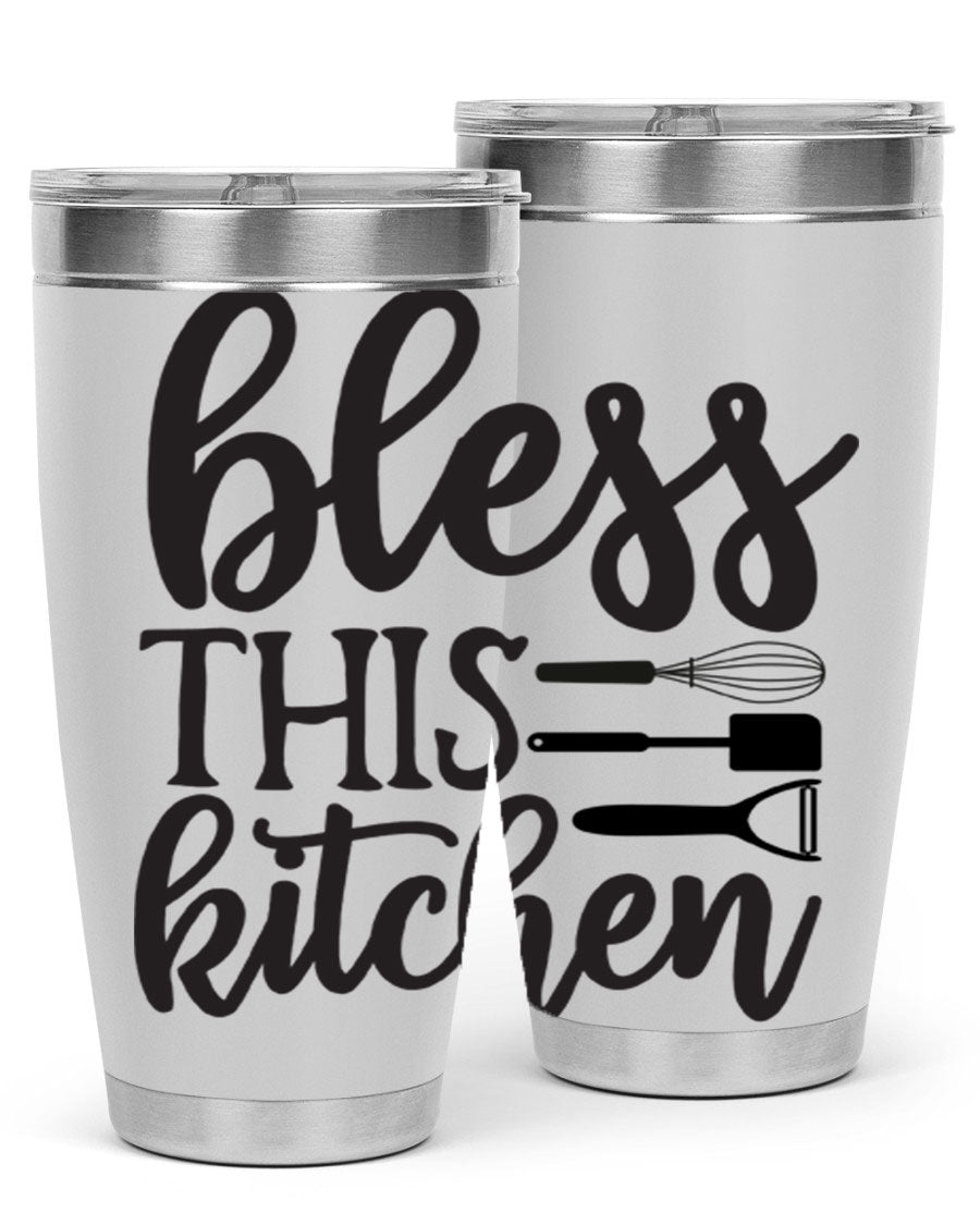 Bless This Kitchen 20oz Tumbler made of stainless steel with a stylish design, perfect for hot and cold beverages.