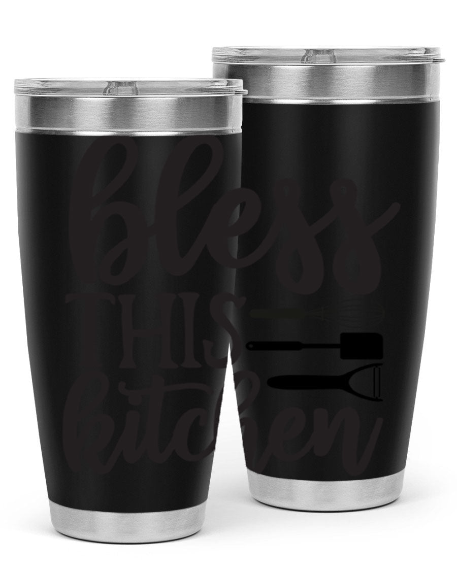 Bless This Kitchen 20oz Tumbler made of stainless steel with a stylish design, perfect for hot and cold beverages.