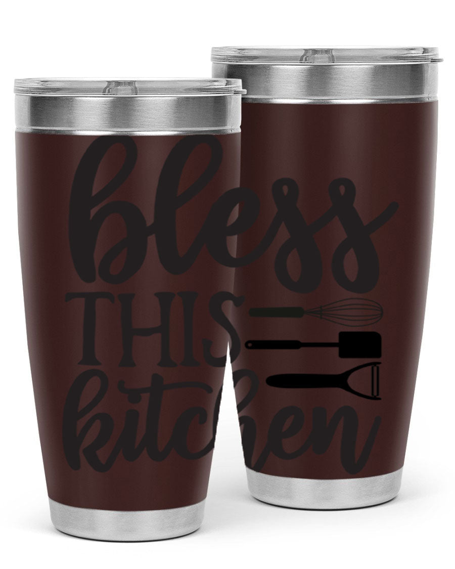 Bless This Kitchen 20oz Tumbler made of stainless steel with a stylish design, perfect for hot and cold beverages.