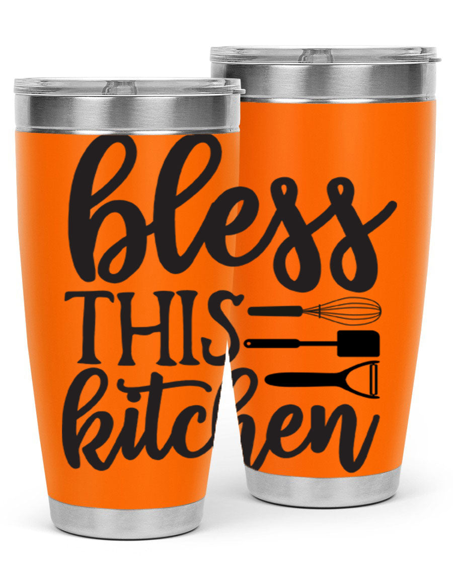 Bless This Kitchen 20oz Tumbler made of stainless steel with a stylish design, perfect for hot and cold beverages.