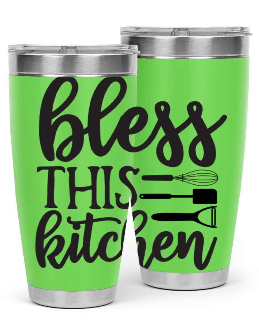 Bless This Kitchen 20oz Tumbler made of stainless steel with a stylish design, perfect for hot and cold beverages.