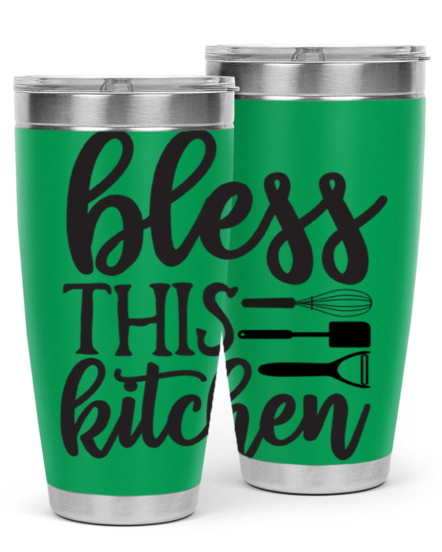 Bless This Kitchen 20oz Tumbler made of stainless steel with a stylish design, perfect for hot and cold beverages.