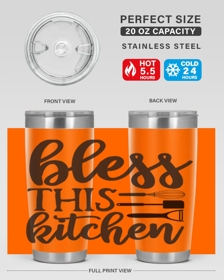 Bless This Kitchen 20oz Tumbler made of stainless steel with a stylish design, perfect for hot and cold beverages.