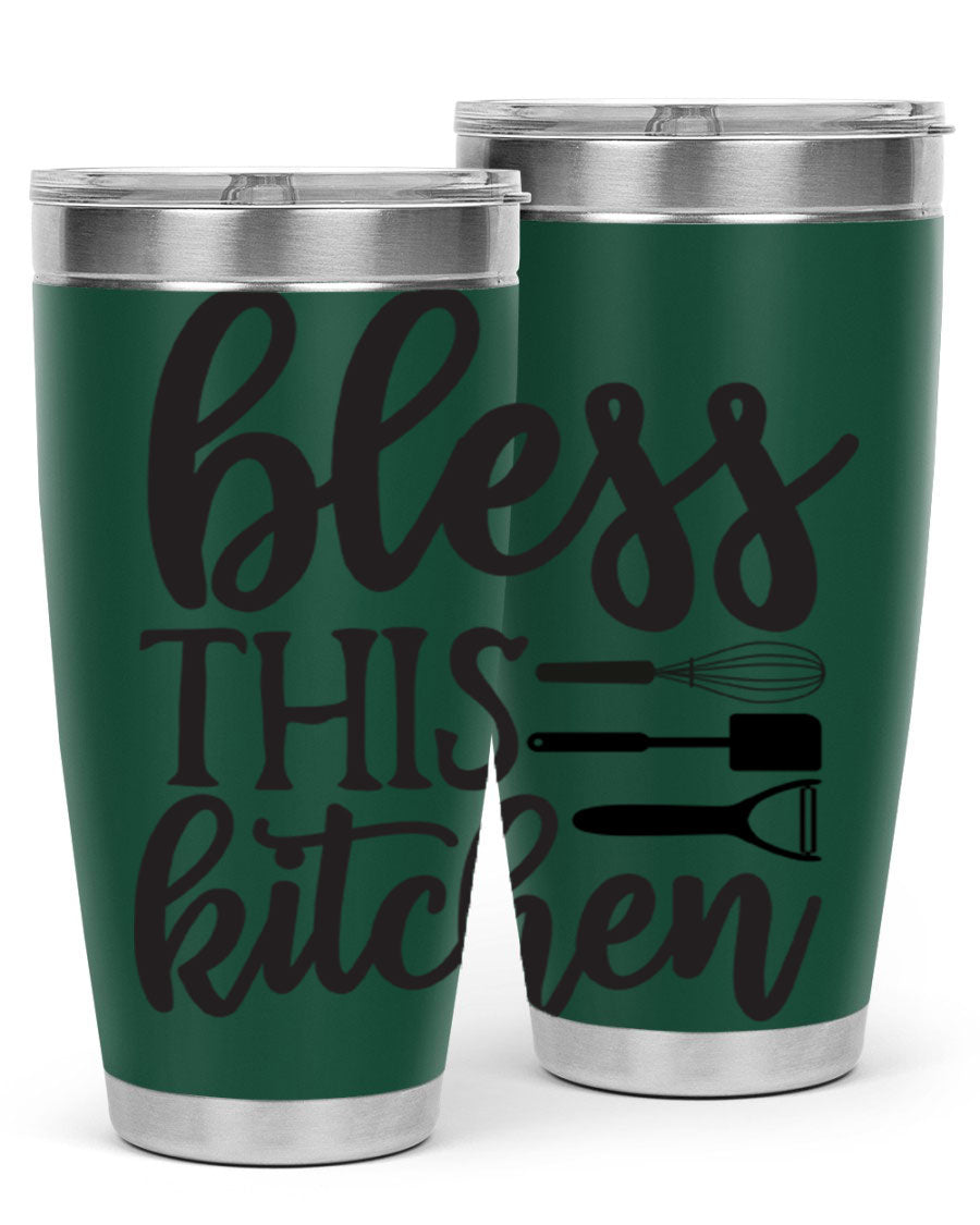 Bless This Kitchen 20oz Tumbler made of stainless steel with a stylish design, perfect for hot and cold beverages.