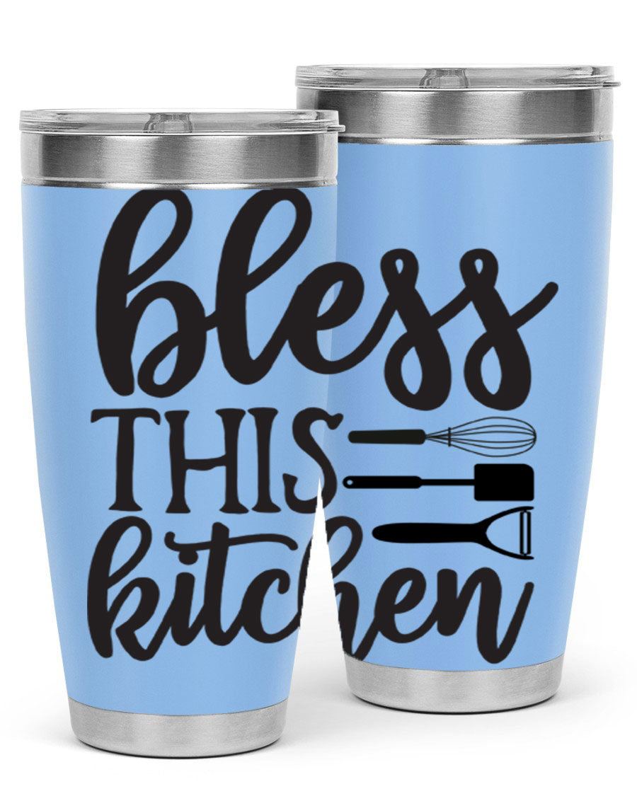 Bless This Kitchen 20oz Tumbler made of stainless steel with a stylish design, perfect for hot and cold beverages.