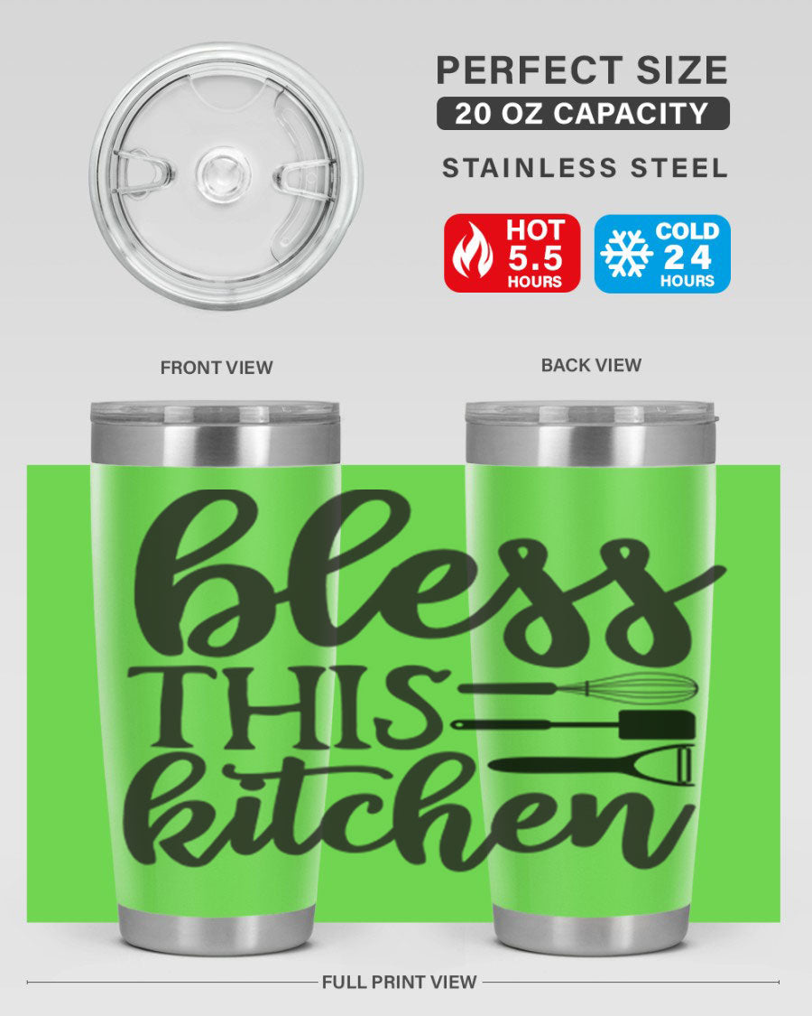 Bless This Kitchen 20oz Tumbler made of stainless steel with a stylish design, perfect for hot and cold beverages.