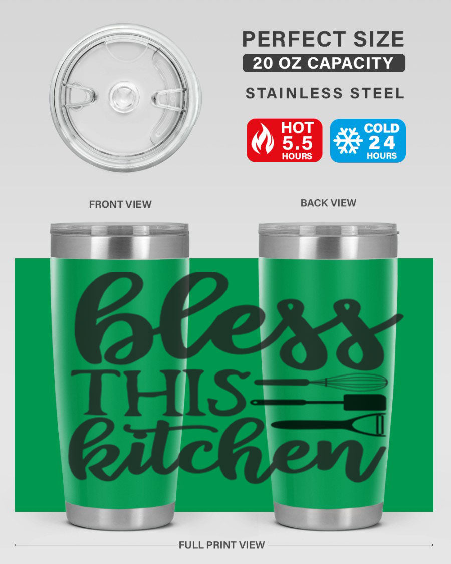 Bless This Kitchen 20oz Tumbler made of stainless steel with a stylish design, perfect for hot and cold beverages.