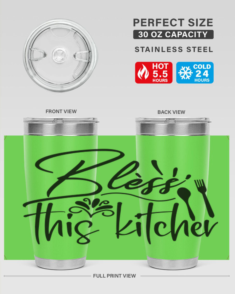 Bless This Kitchen 20oz Tumbler made of stainless steel with a copper lining, featuring a drink-thru lid and a stylish design.