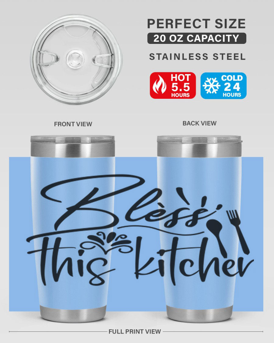 Bless This Kitchen 20oz Tumbler made of stainless steel with a copper lining, featuring a drink-thru lid and a stylish design.