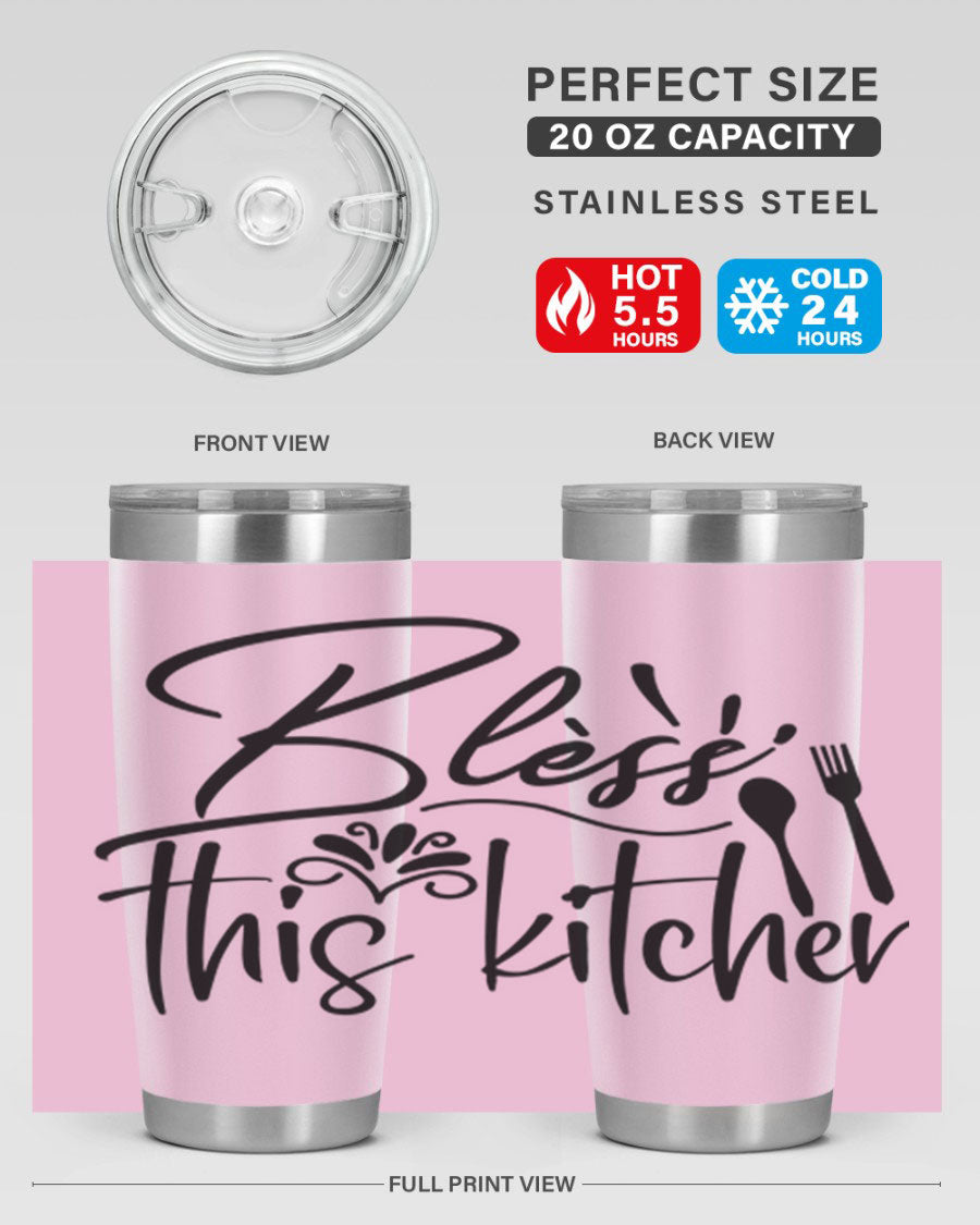 Bless This Kitchen 20oz Tumbler made of stainless steel with a copper lining, featuring a drink-thru lid and a stylish design.