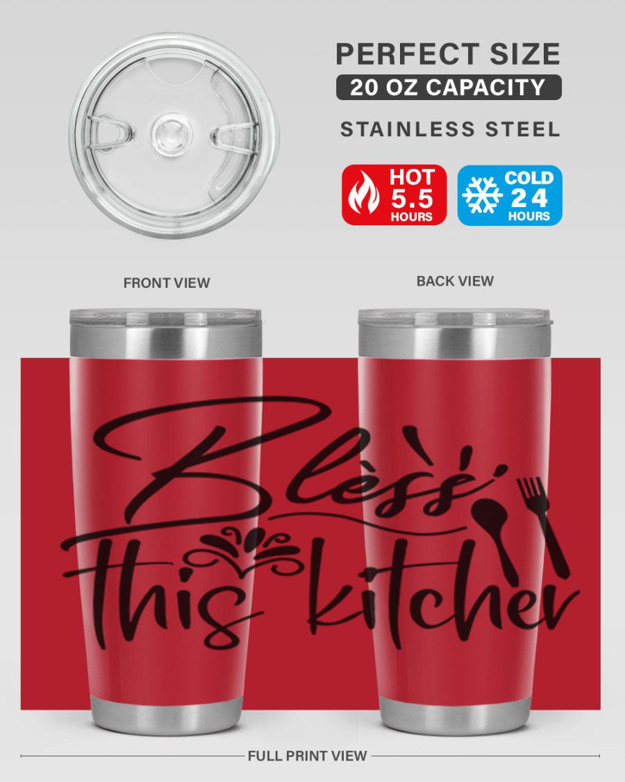 Bless This Kitchen 20oz Tumbler made of stainless steel with a copper lining, featuring a drink-thru lid and a stylish design.