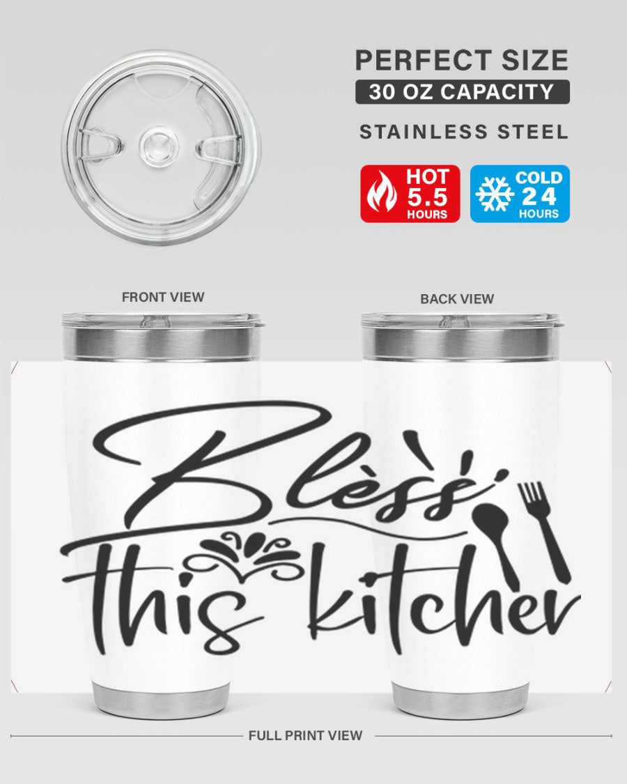 Bless This Kitchen 20oz Tumbler made of stainless steel with a copper lining, featuring a drink-thru lid and a stylish design.