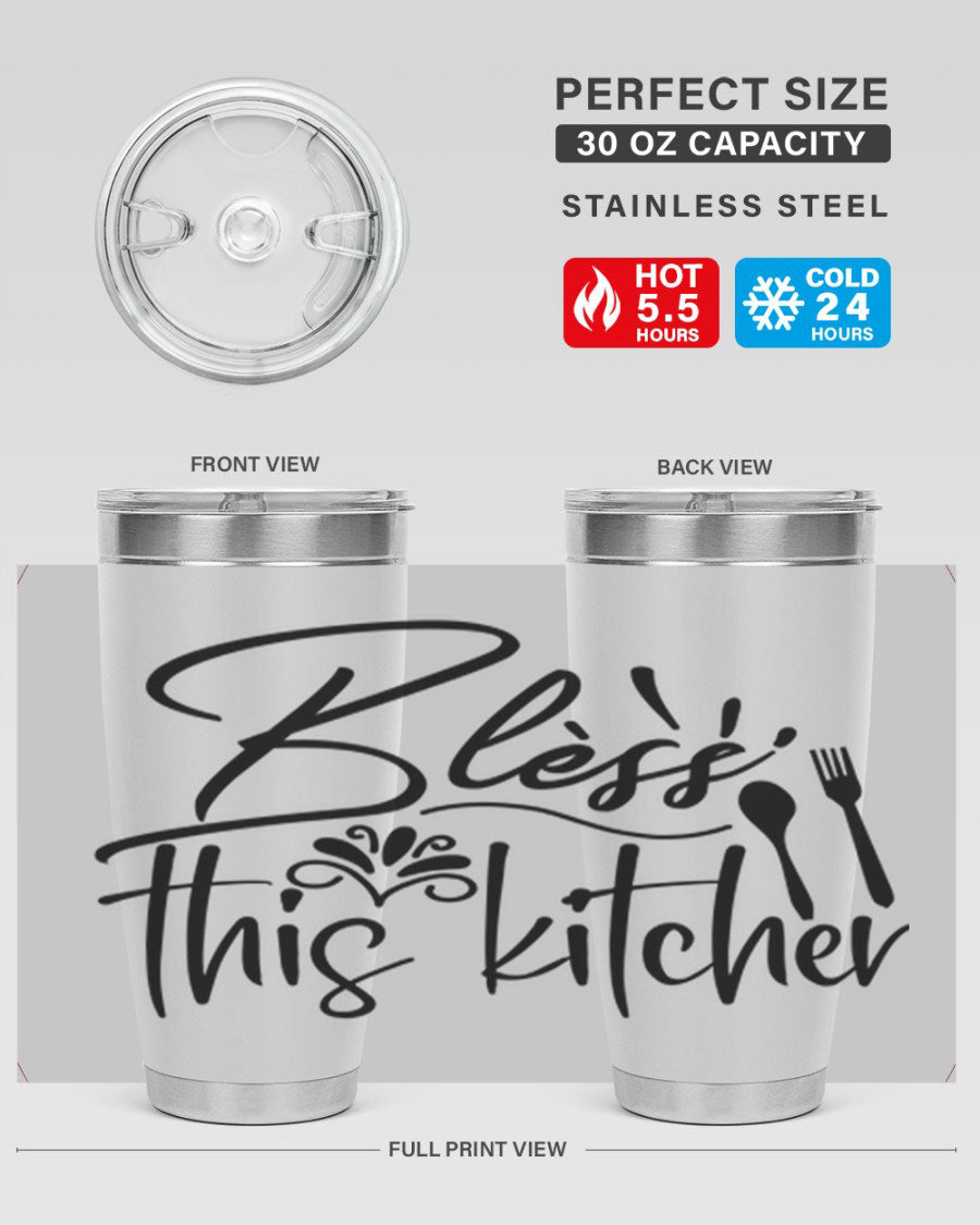 Bless This Kitchen 20oz Tumbler made of stainless steel with a copper lining, featuring a drink-thru lid and a stylish design.