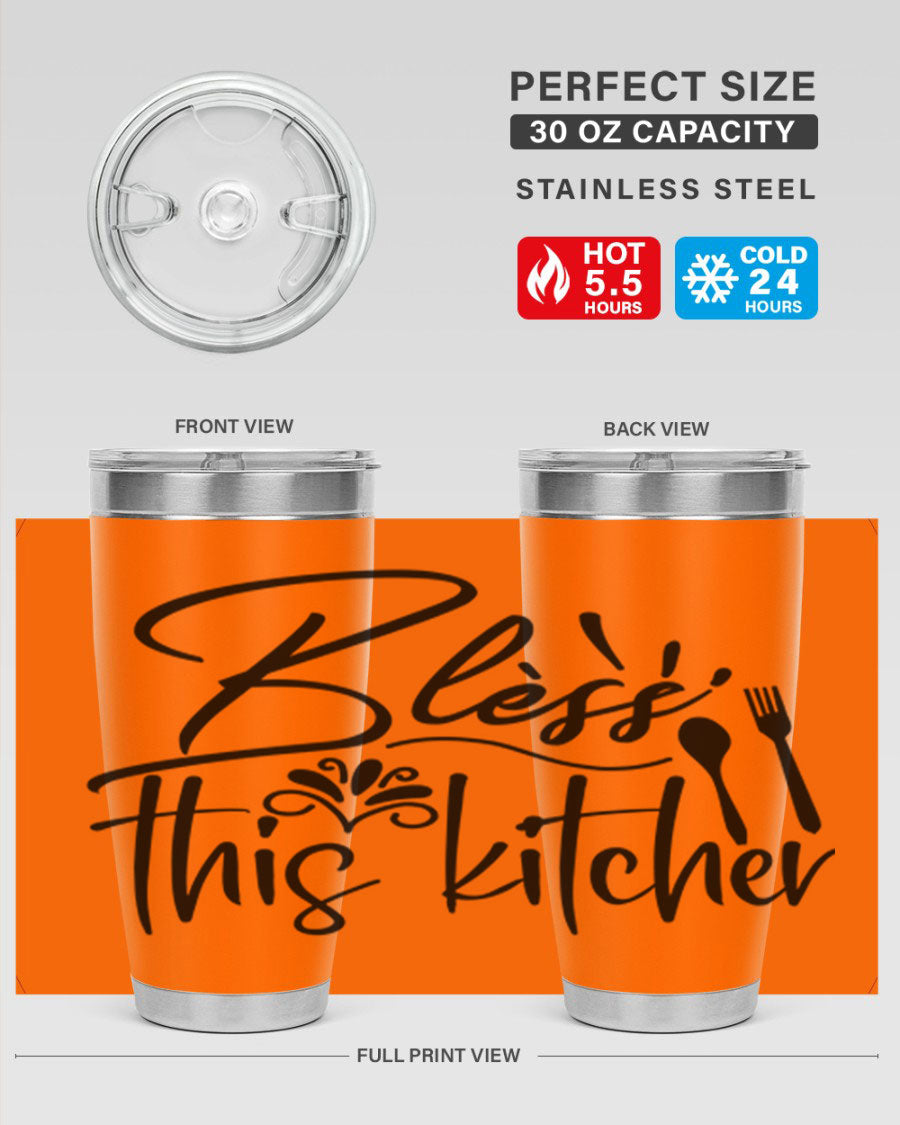 Bless This Kitchen 20oz Tumbler made of stainless steel with a copper lining, featuring a drink-thru lid and a stylish design.