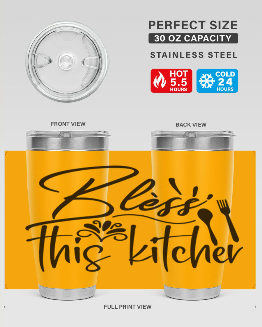 Bless This Kitchen 20oz Tumbler made of stainless steel with a copper lining, featuring a drink-thru lid and a stylish design.