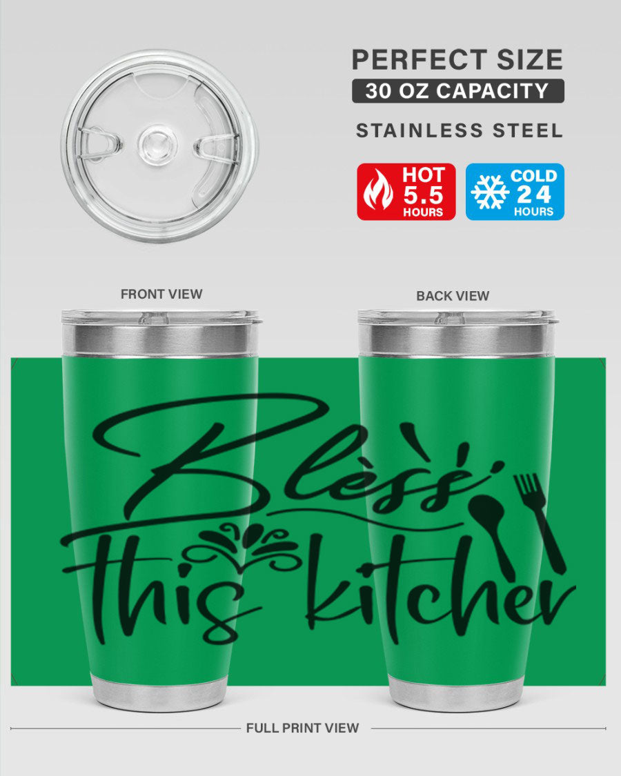 Bless This Kitchen 20oz Tumbler made of stainless steel with a copper lining, featuring a drink-thru lid and a stylish design.