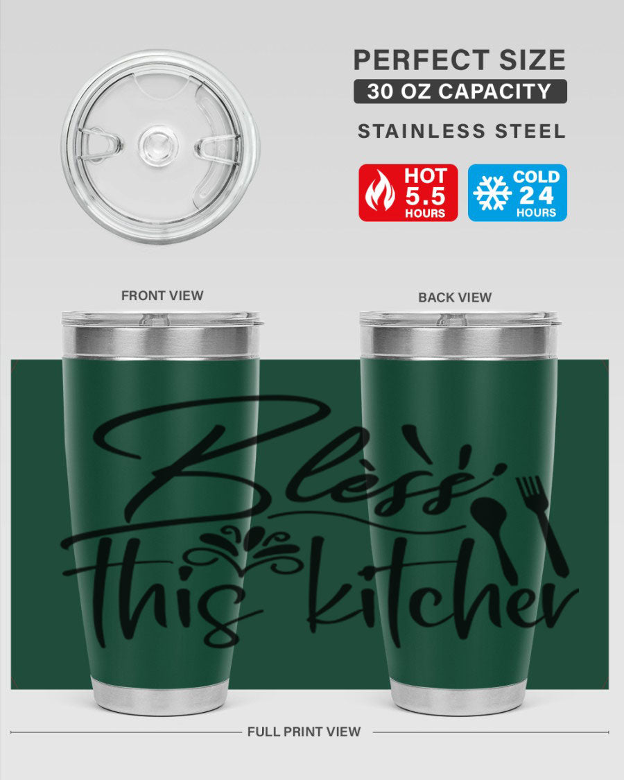 Bless This Kitchen 20oz Tumbler made of stainless steel with a copper lining, featuring a drink-thru lid and a stylish design.