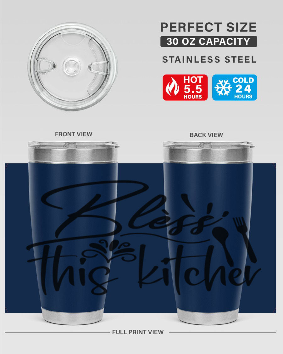 Bless This Kitchen 20oz Tumbler made of stainless steel with a copper lining, featuring a drink-thru lid and a stylish design.