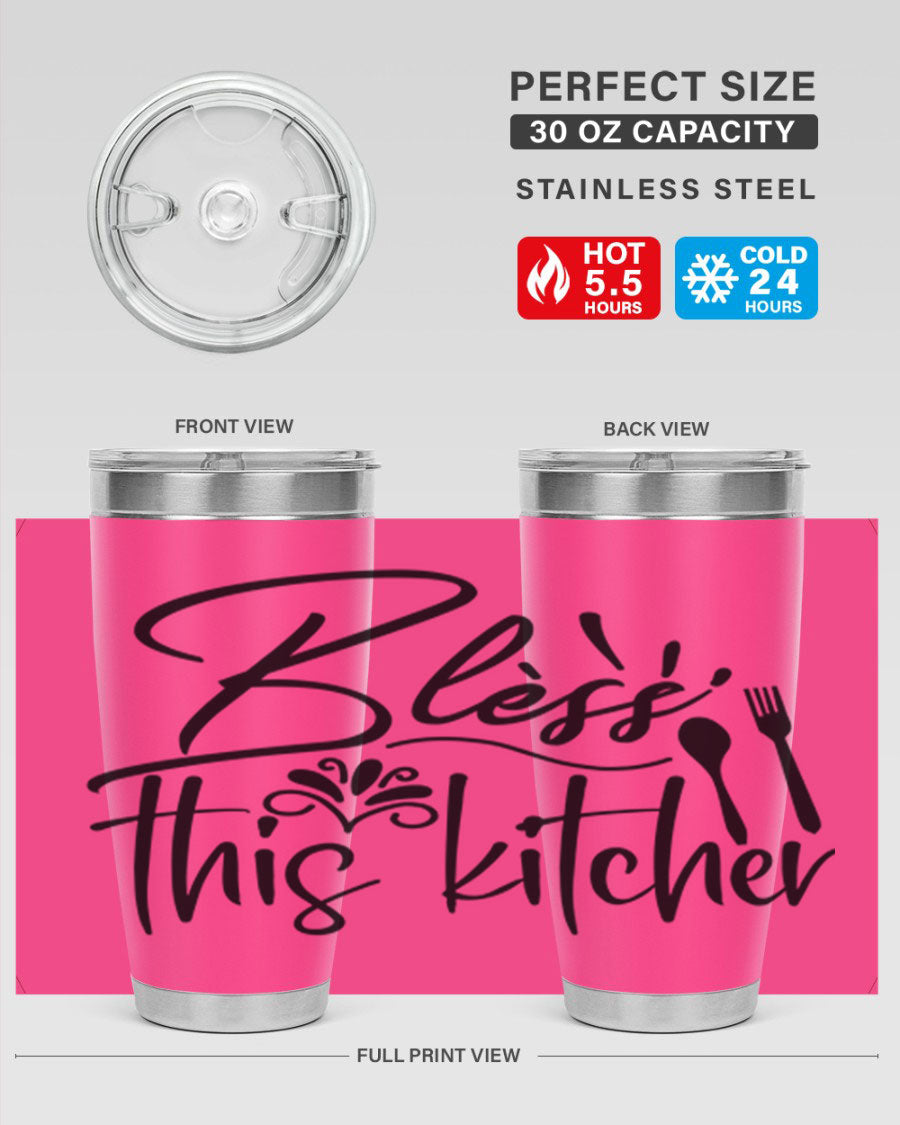 Bless This Kitchen 20oz Tumbler made of stainless steel with a copper lining, featuring a drink-thru lid and a stylish design.