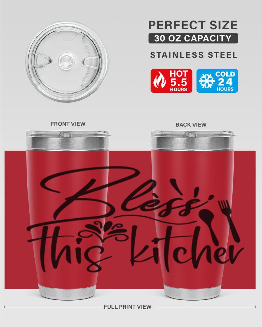 Bless This Kitchen 20oz Tumbler made of stainless steel with a copper lining, featuring a drink-thru lid and a stylish design.