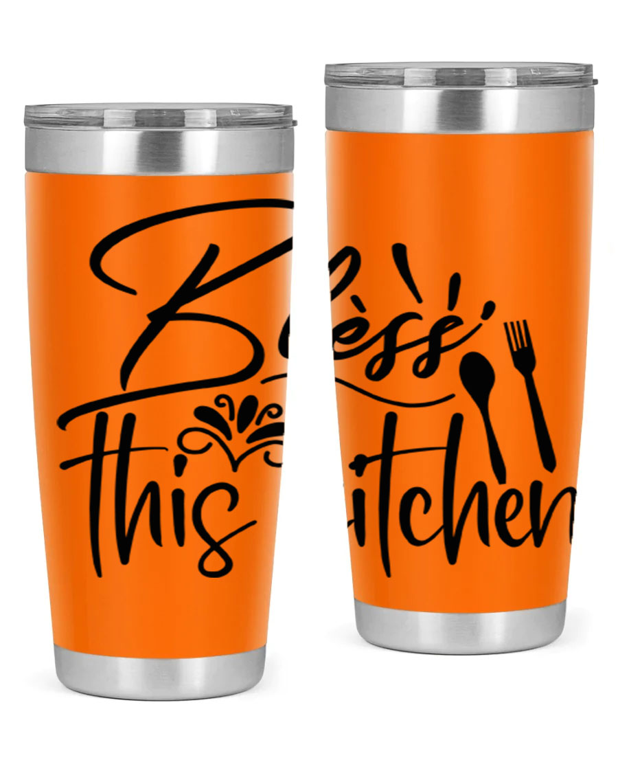 Bless This Kitchen 20oz Tumbler made of stainless steel with a copper lining, featuring a drink-thru lid and a stylish design.