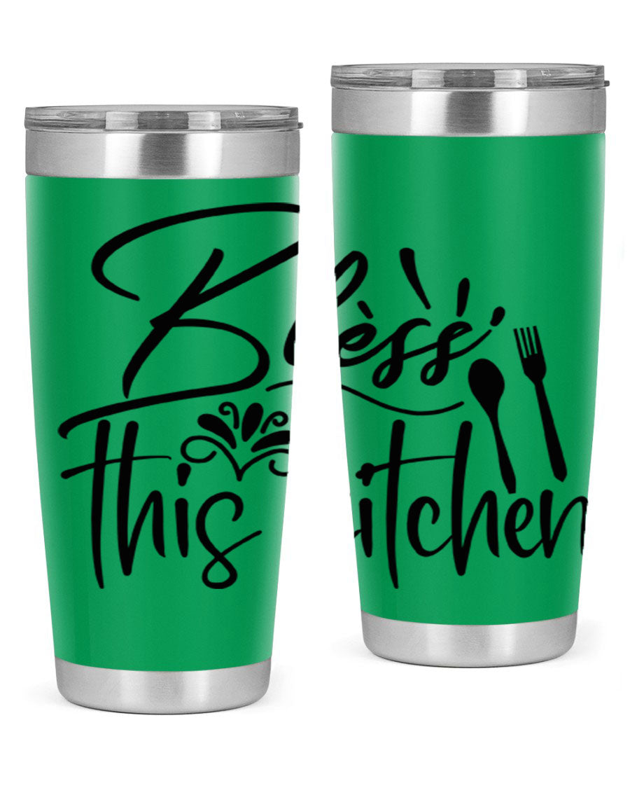 Bless This Kitchen 20oz Tumbler made of stainless steel with a copper lining, featuring a drink-thru lid and a stylish design.