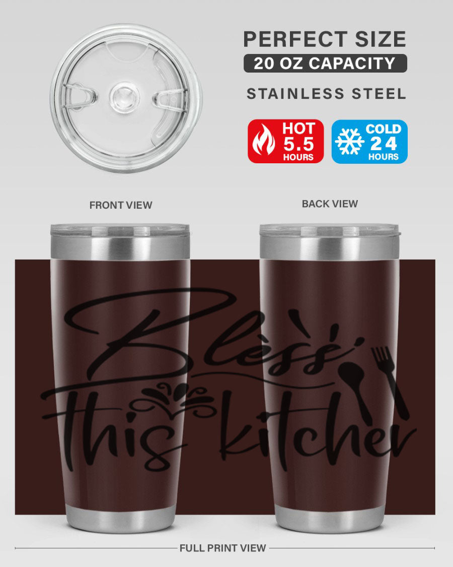 Bless This Kitchen 20oz Tumbler made of stainless steel with a copper lining, featuring a drink-thru lid and a stylish design.