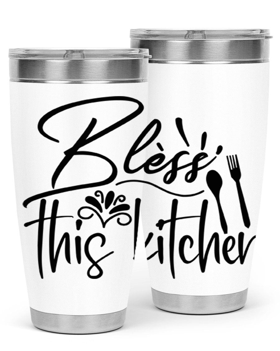 Bless This Kitchen 20oz Tumbler made of stainless steel with a copper lining, featuring a drink-thru lid and a stylish design.