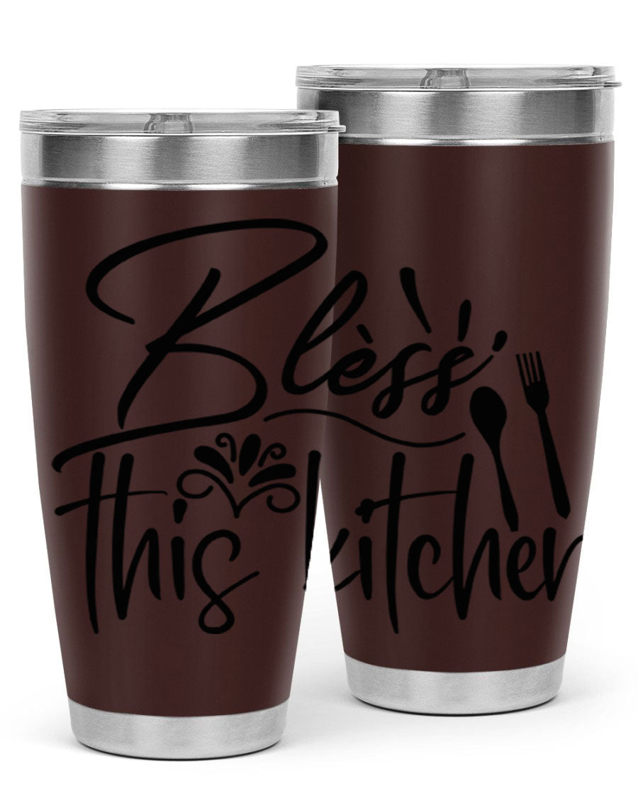 Bless This Kitchen 20oz Tumbler made of stainless steel with a copper lining, featuring a drink-thru lid and a stylish design.