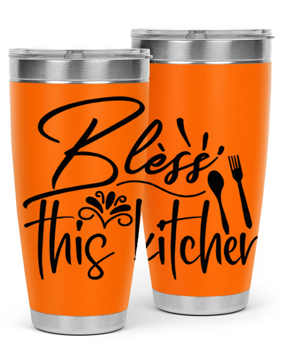 Bless This Kitchen 20oz Tumbler made of stainless steel with a copper lining, featuring a drink-thru lid and a stylish design.