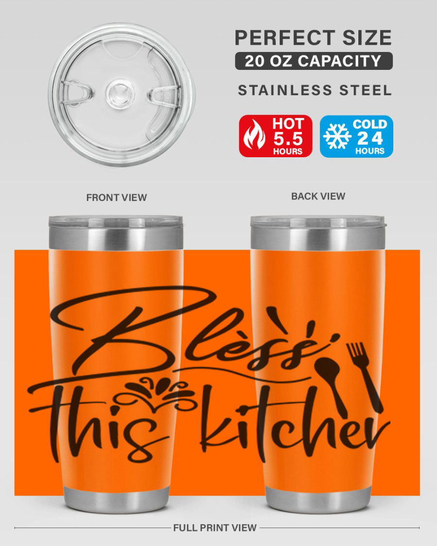 Bless This Kitchen 20oz Tumbler made of stainless steel with a copper lining, featuring a drink-thru lid and a stylish design.