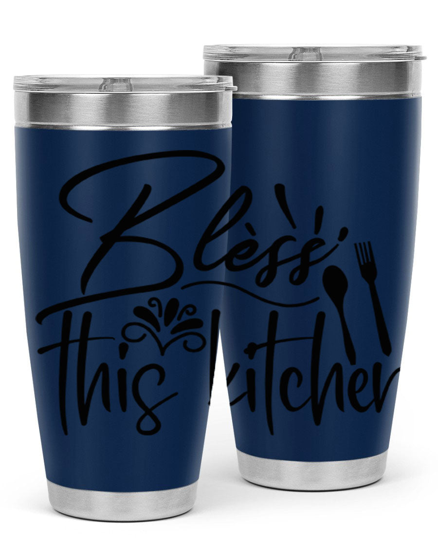 Bless This Kitchen 20oz Tumbler made of stainless steel with a copper lining, featuring a drink-thru lid and a stylish design.