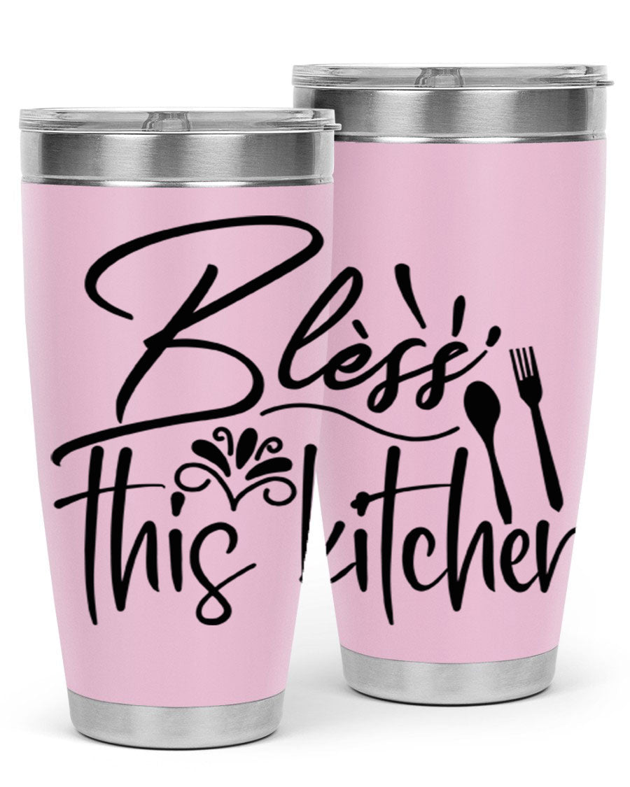 Bless This Kitchen 20oz Tumbler made of stainless steel with a copper lining, featuring a drink-thru lid and a stylish design.