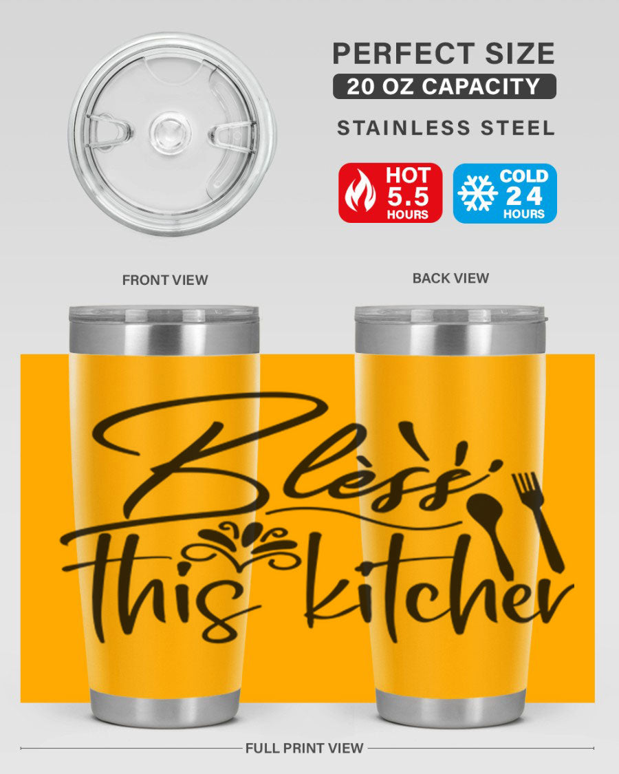 Bless This Kitchen 20oz Tumbler made of stainless steel with a copper lining, featuring a drink-thru lid and a stylish design.