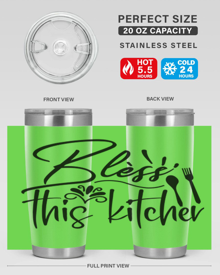 Bless This Kitchen 20oz Tumbler made of stainless steel with a copper lining, featuring a drink-thru lid and a stylish design.