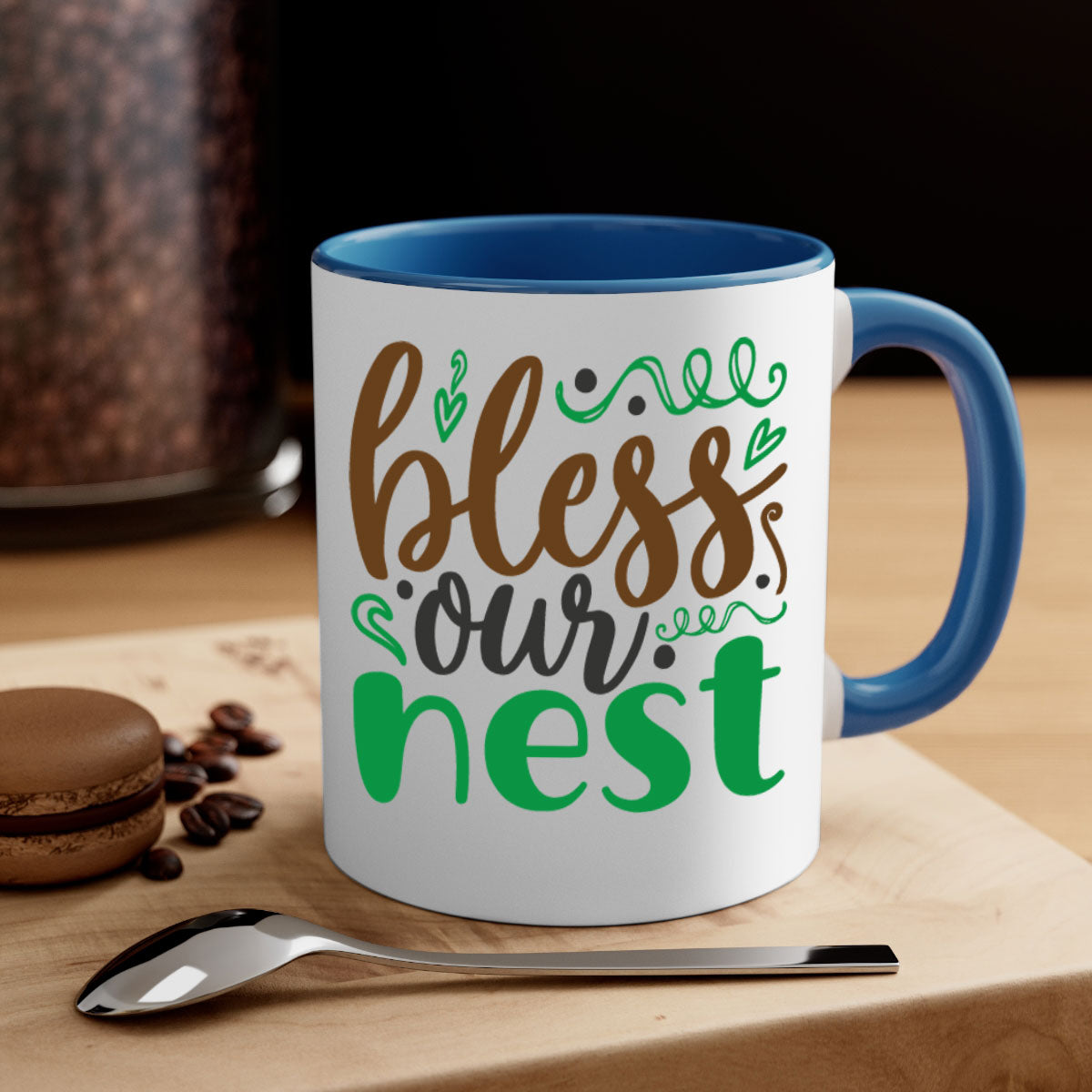 Blese Our Nest 298# Christmas Mug with a glossy finish, featuring a colored handle and interior, available in multiple colors.