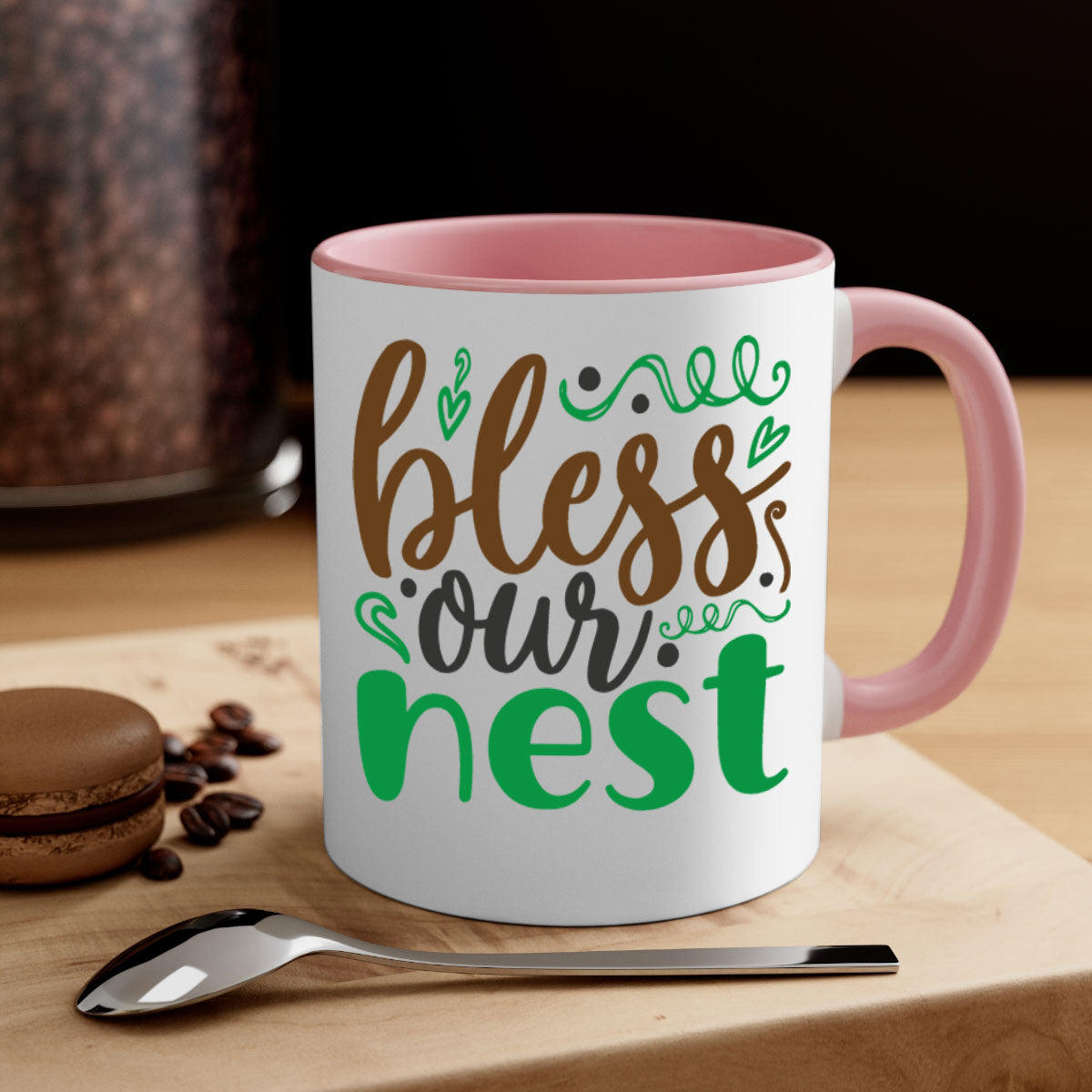 Blese Our Nest 298# Christmas Mug with a glossy finish, featuring a colored handle and interior, available in multiple colors.