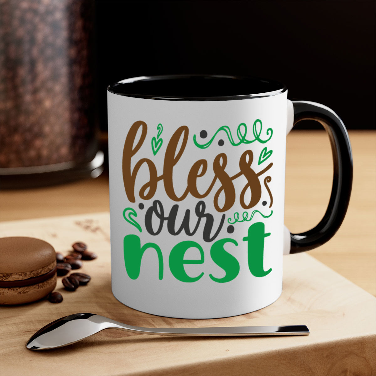 Blese Our Nest 298# Christmas Mug with a glossy finish, featuring a colored handle and interior, available in multiple colors.