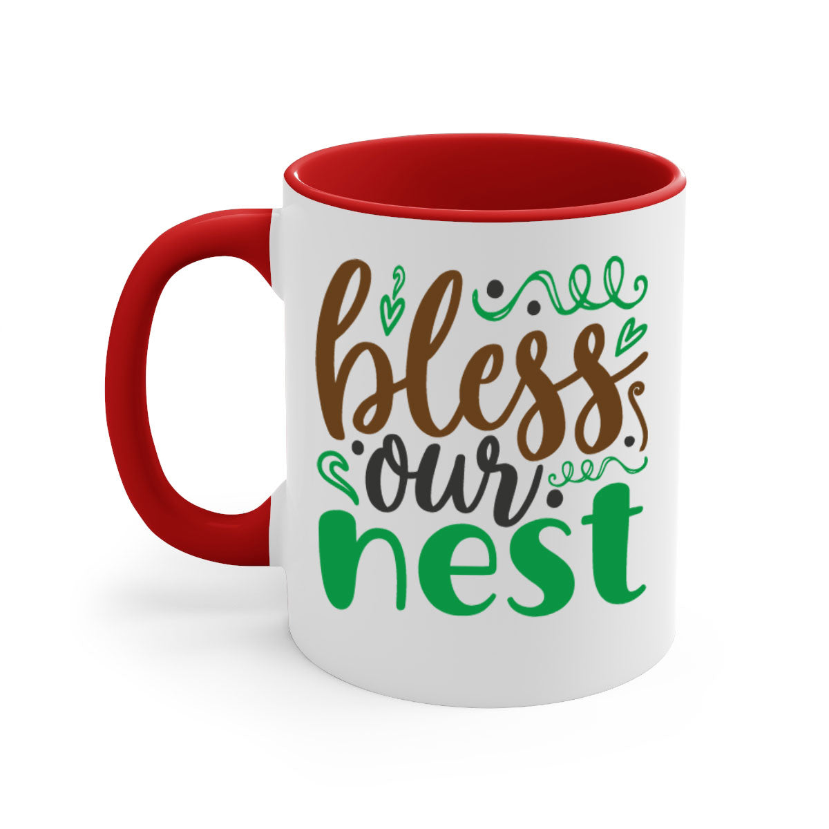 Blese Our Nest 298# Christmas Mug with a glossy finish, featuring a colored handle and interior, available in multiple colors.