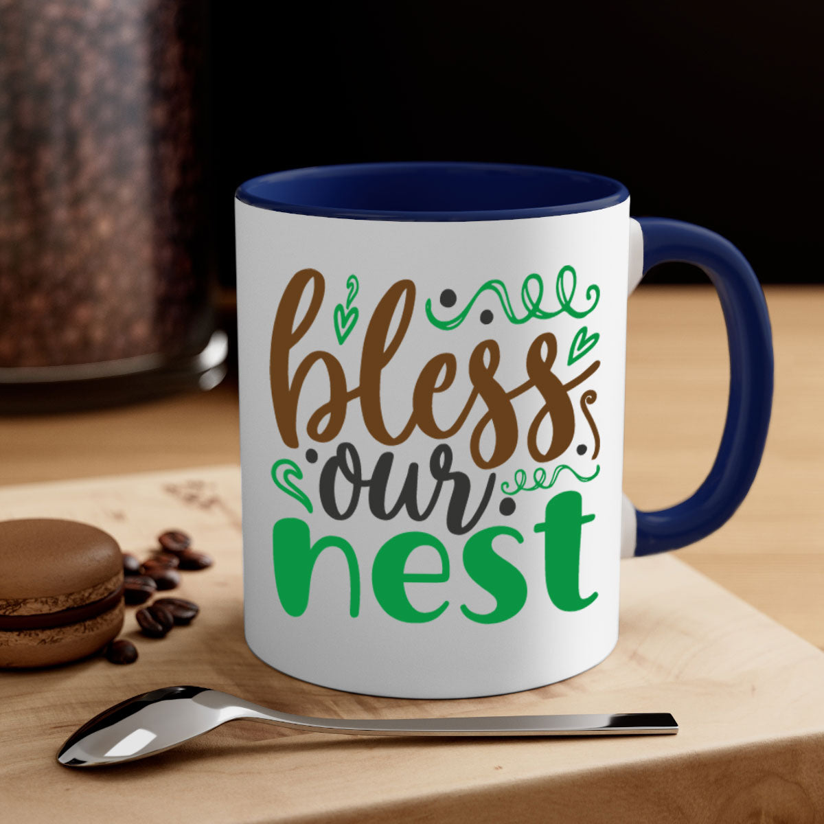 Blese Our Nest 298# Christmas Mug with a glossy finish, featuring a colored handle and interior, available in multiple colors.