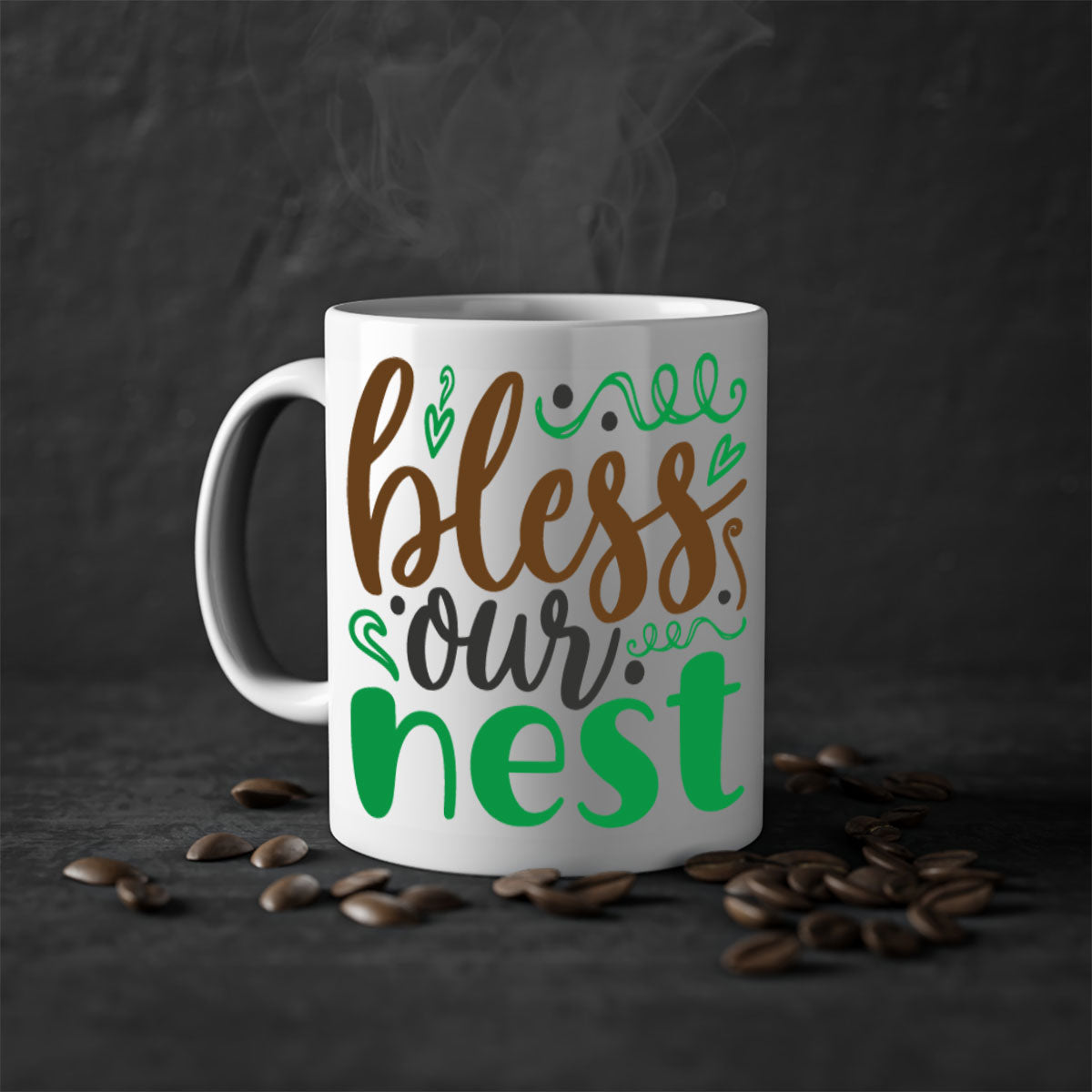 Blese Our Nest 298# Christmas Mug with a glossy finish, featuring a colored handle and interior, available in multiple colors.