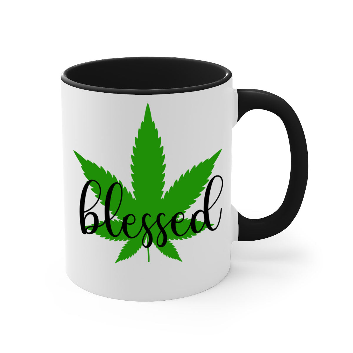 A two-tone Blessed 17# Marijuana Mug featuring a glossy finish, colored handle, and interior, available in five vibrant colors.