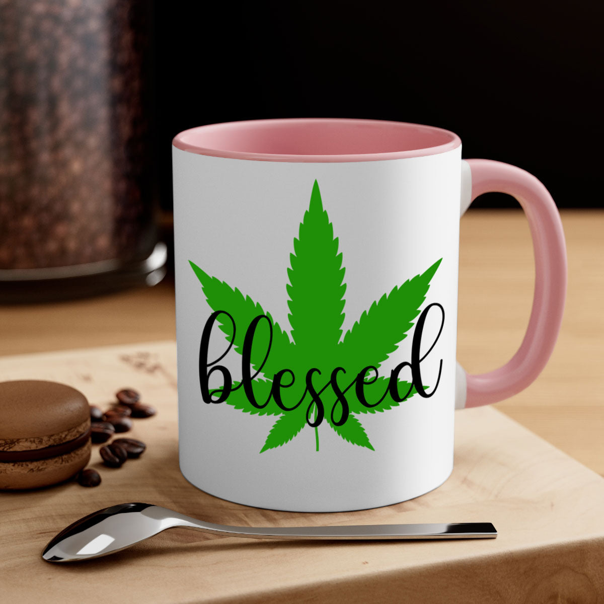 A two-tone Blessed 17# Marijuana Mug featuring a glossy finish, colored handle, and interior, available in five vibrant colors.